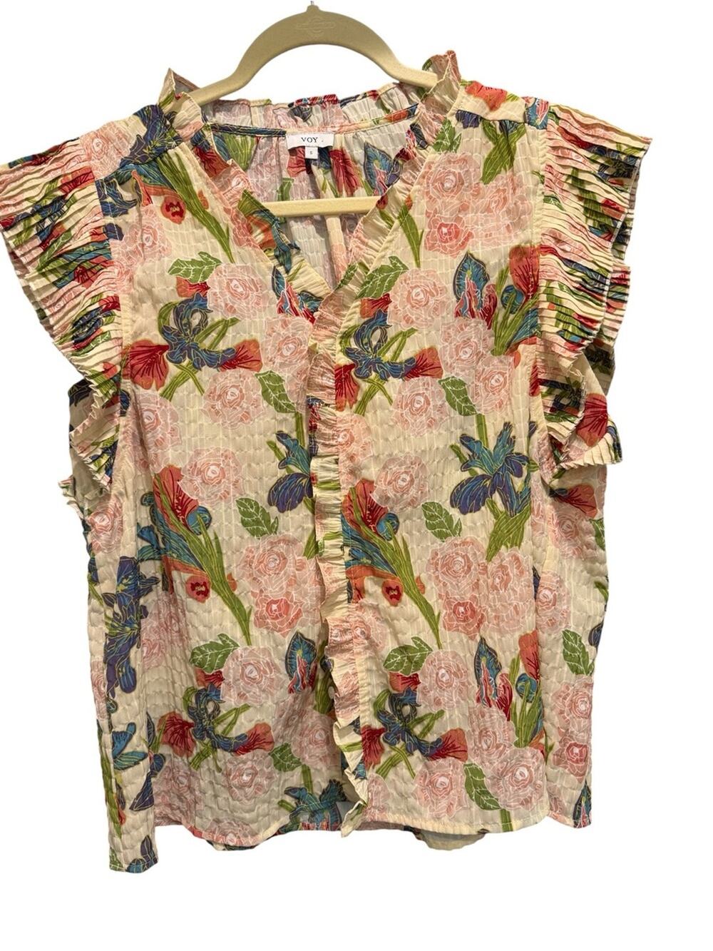 VOY Textured Floral Plissé Ruffle Sleeve Top SMALL fairycore Coquette